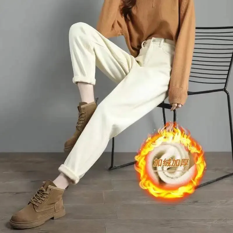 Winter Plush Baggy Ankle-length Jeans Velvet Lined High Waist Harem Denim Pants Vaqueros Pantalones Warm Thick Women Jeansy