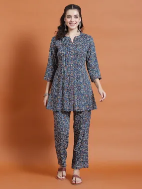 Women Blue Floral Print Co-Ord Set Women Blue Floral Print Co-Ord Set