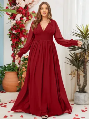 Women Plus Size V-neck Chiffon Long Sleeve Evening Dresses for Bridesmaid Party Women Plus Size V-neck Chiffon Long Sleeve Evening Dresses for Bridesmaid Party