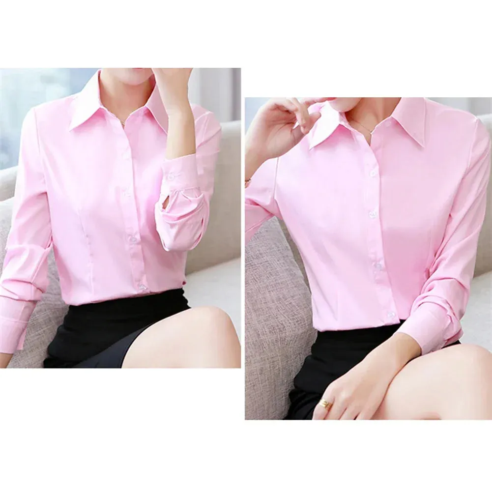 Women Shirt White Blouses Casual Long Sleeve Ladies Profession Slim Fit Tops