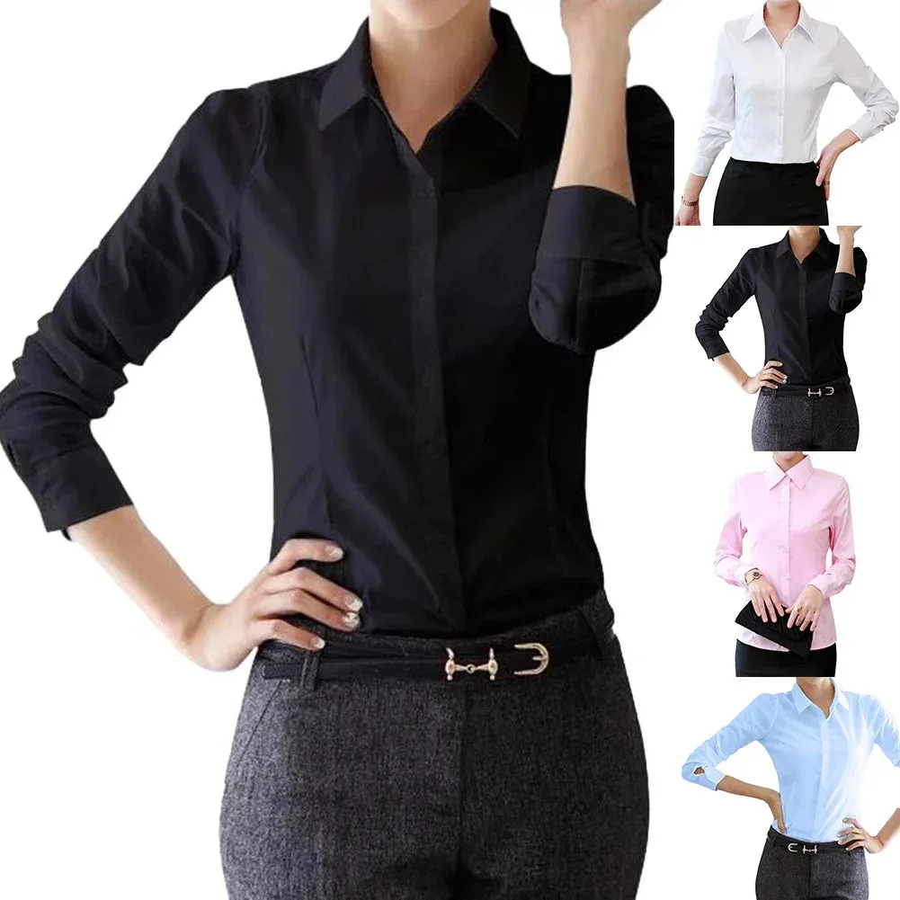 Women Shirt White Blouses Casual Long Sleeve Ladies Profession Slim Fit Tops