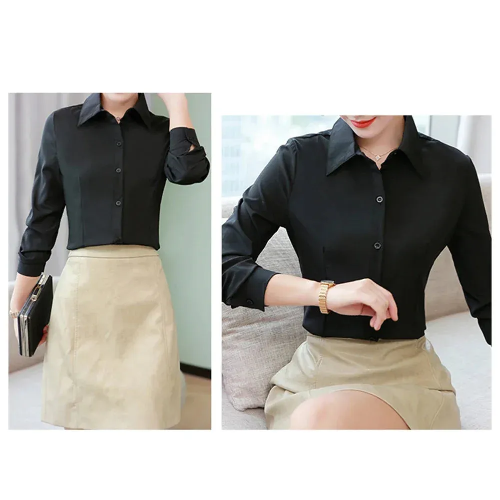Women Shirt White Blouses Casual Long Sleeve Ladies Profession Slim Fit Tops