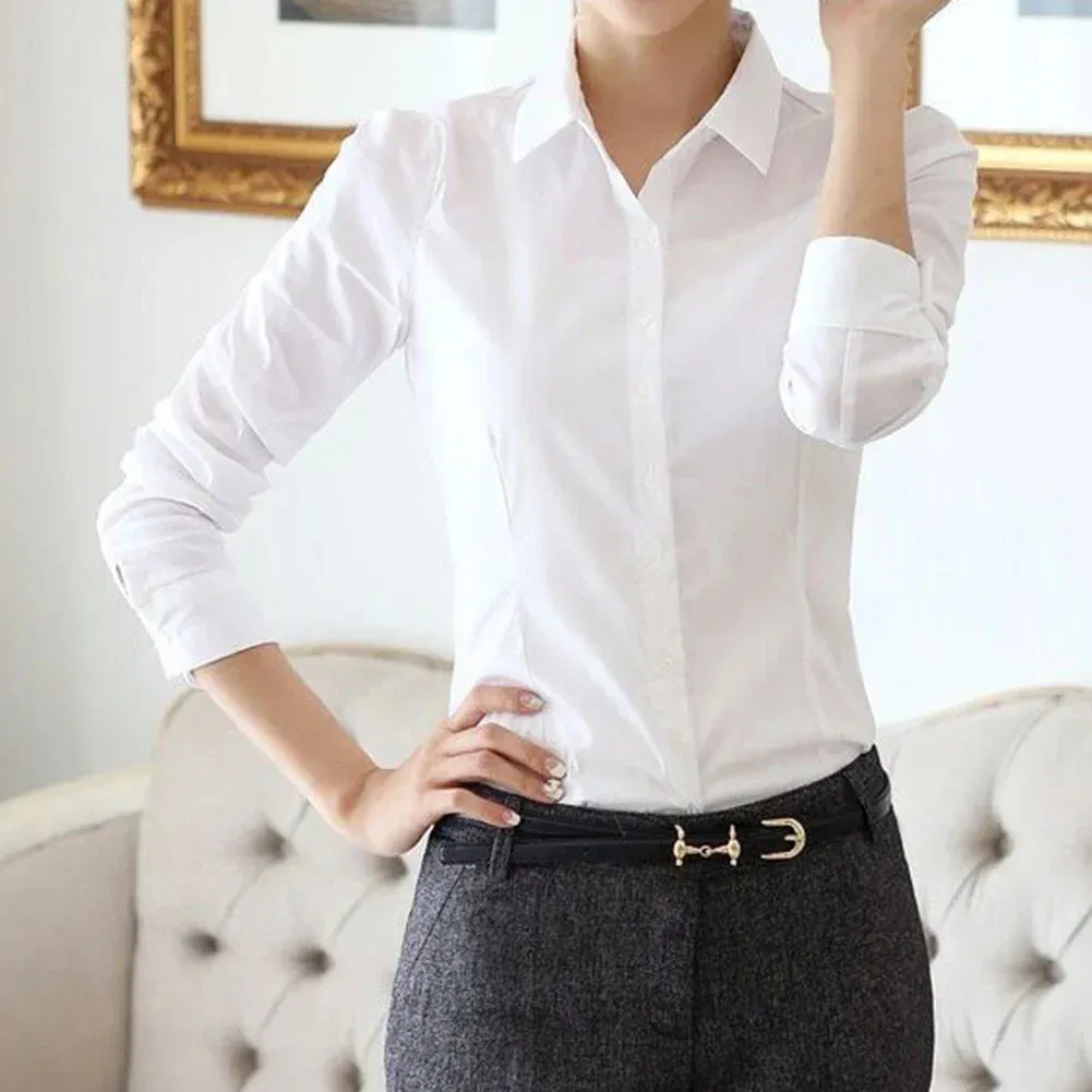 Women Shirt White Blouses Casual Long Sleeve Ladies Profession Slim Fit Tops