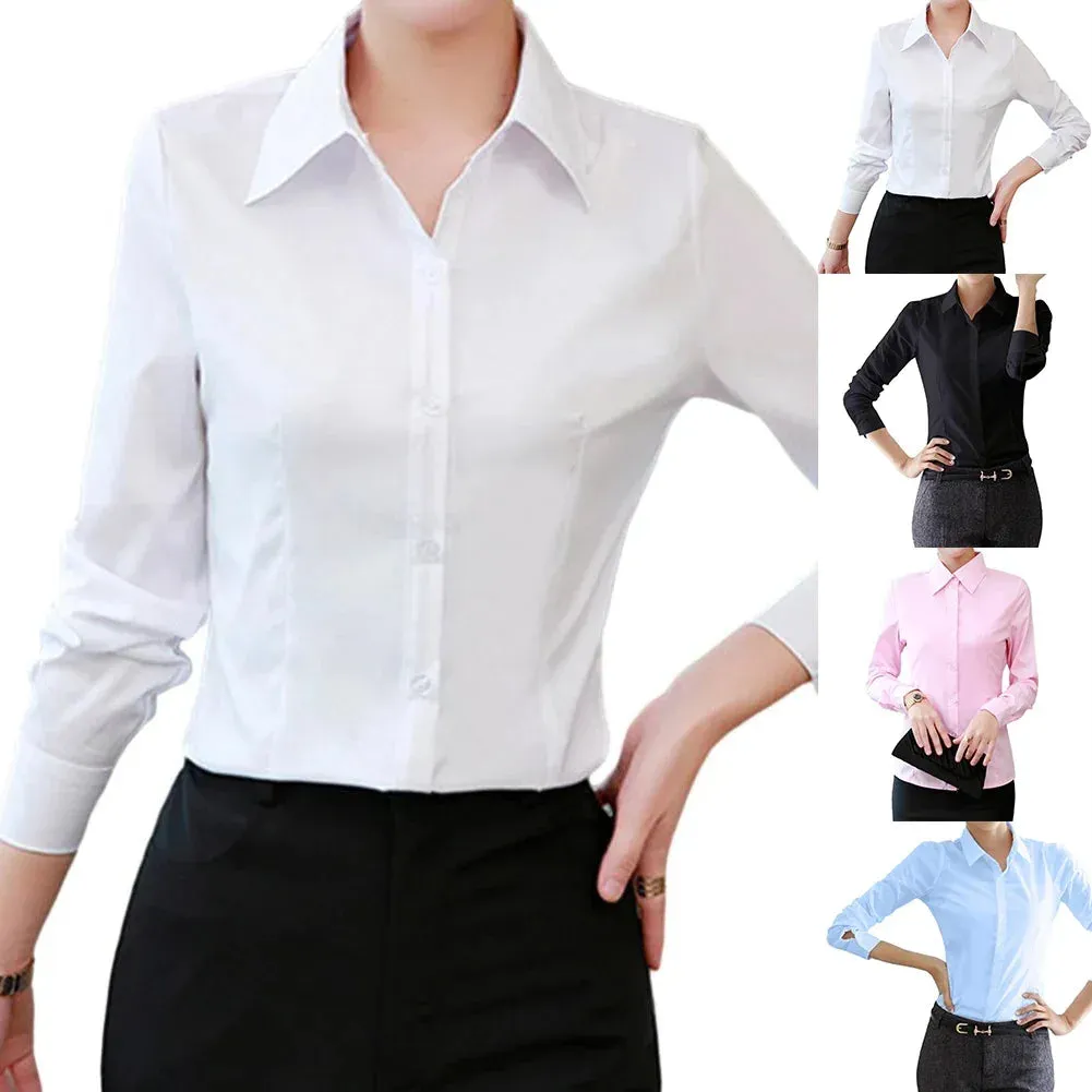 Women Shirt White Blouses Casual Long Sleeve Ladies Profession Slim Fit Tops