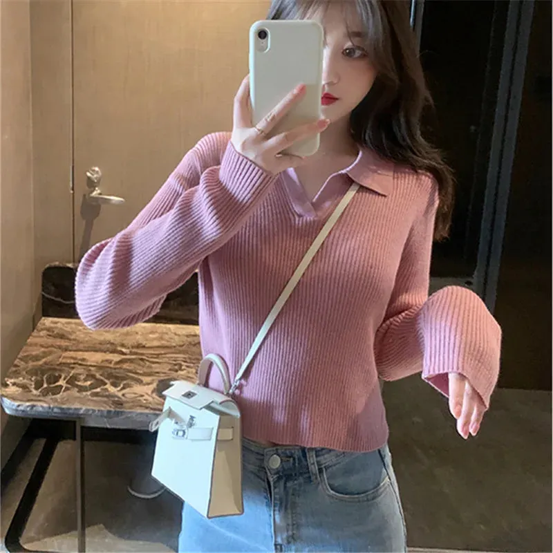 Women's Autumn Winter Pullover Solid Base All Match Sweater Lapel Polo Neck Knitted Bottoming Top