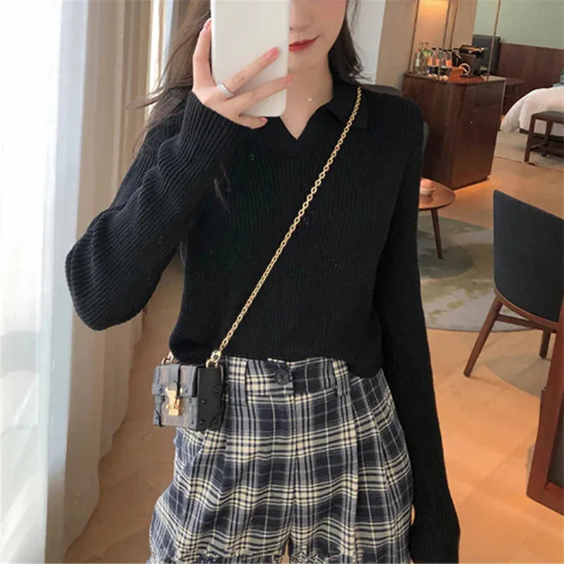 Women's Autumn Winter Pullover Solid Base All Match Sweater Lapel Polo Neck Knitted Bottoming Top