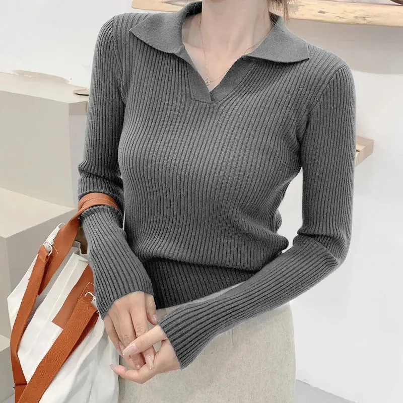 Women's Autumn Winter Pullover Solid Base All Match Sweater Lapel Polo Neck Knitted Bottoming Top