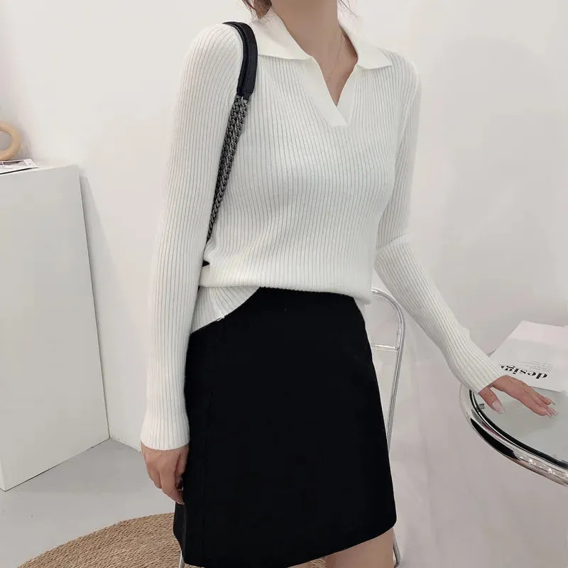Women's Autumn Winter Pullover Solid Base All Match Sweater Lapel Polo Neck Knitted Bottoming Top
