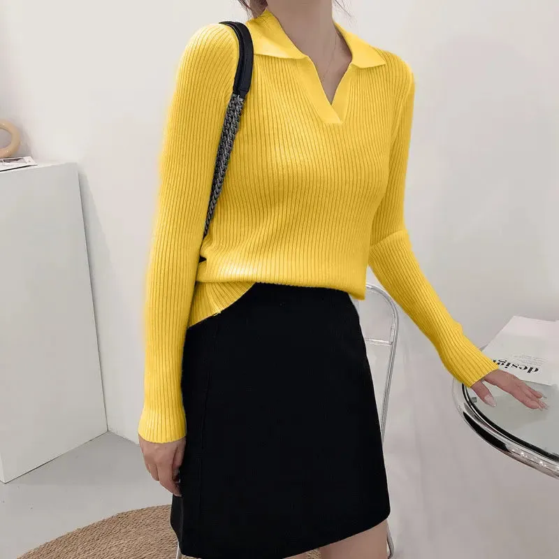 Women's Autumn Winter Pullover Solid Base All Match Sweater Lapel Polo Neck Knitted Bottoming Top